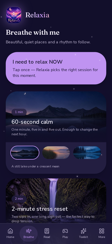 Relaxia Breathe with me screen showing short breathing sessions