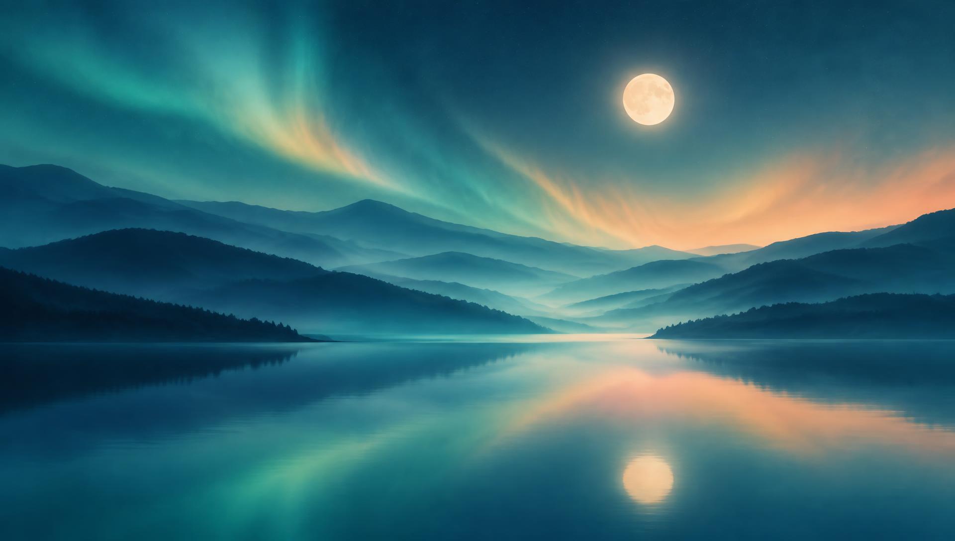 Moonlit lake beneath a colorful evening sky