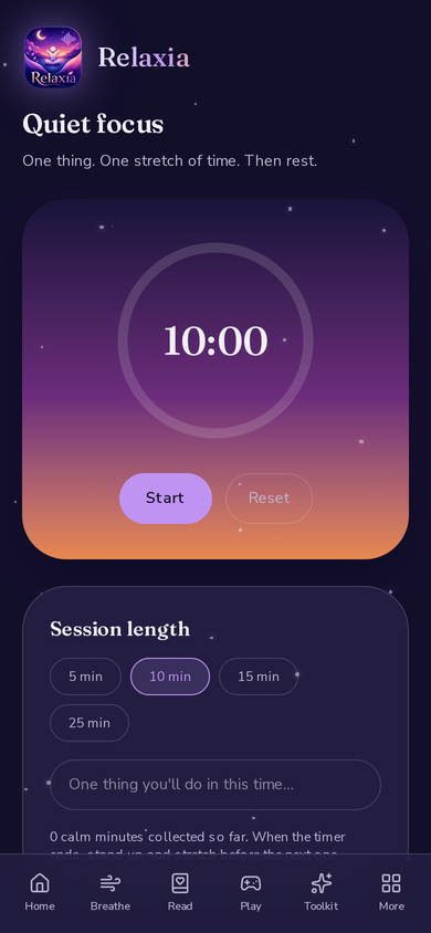 Relaxia Quiet focus screen with a ten minute timer and session length choices