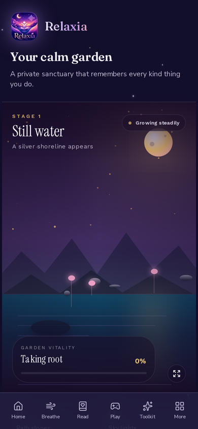 Relaxia calm garden screen showing the Still water stage under a night sky