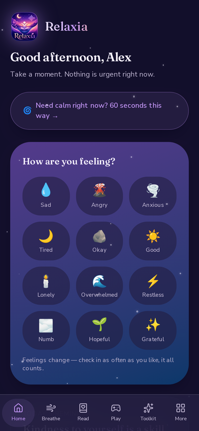 Relaxia Home screen with daily mood check-in