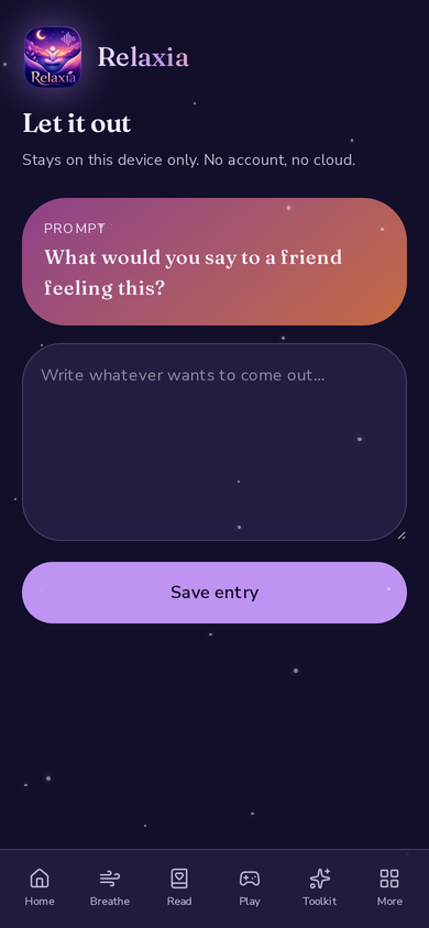 Relaxia Let it out journal screen with a private writing space