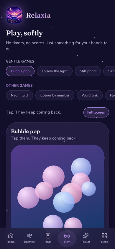 Relaxia Play softly screen showing the Bubble pop game