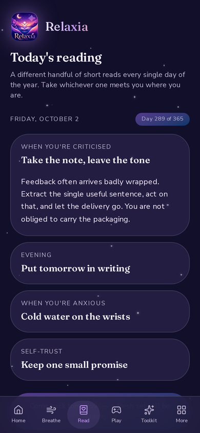 Relaxia Today’s reading screen with short comforting reads for the day