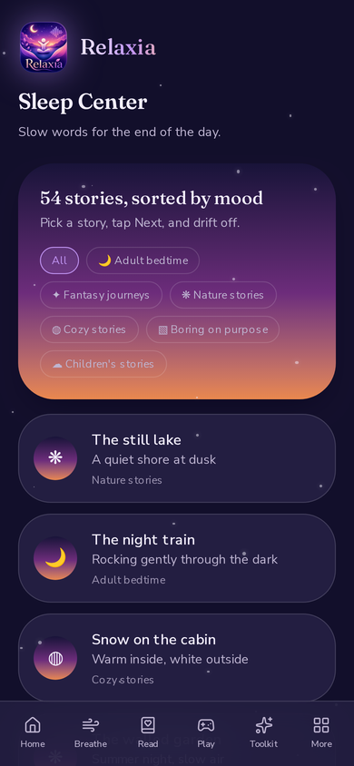 Relaxia Sleep Center with stories sorted by mood