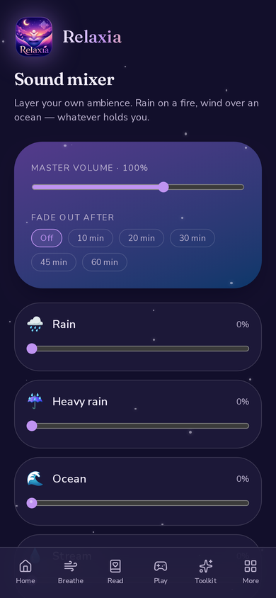 Relaxia Sound mixer screen with volume sliders for rain, heavy rain and ocean