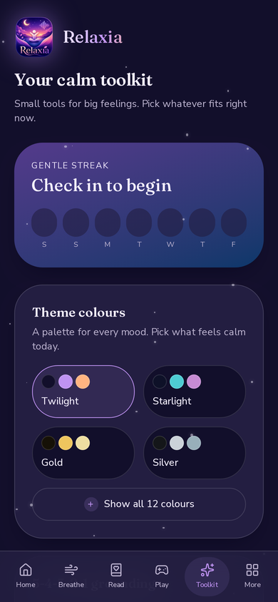 Relaxia calm toolkit showing theme colour choices