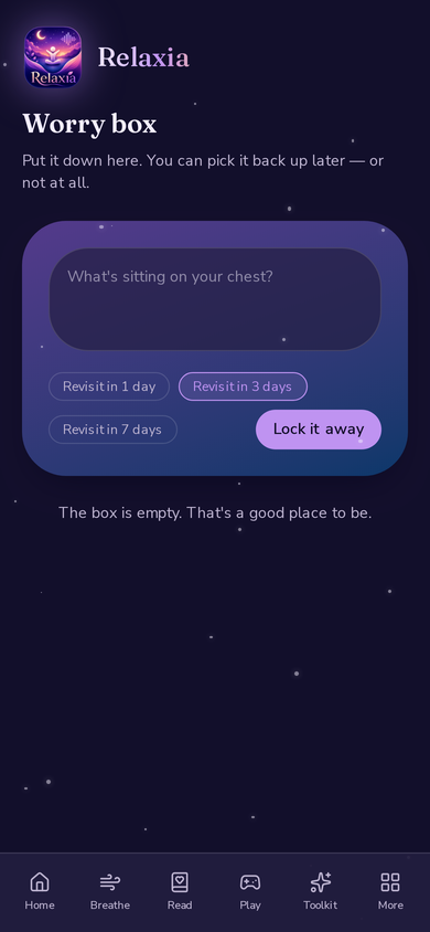 Relaxia Worry box screen with a space to write a worry and a Lock it away button
